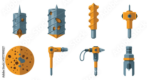 This collection of industrial excavation tools features heavy-duty drill bits and pneumatic jackhammers rendered in a professional palette of orange and metallic grey.