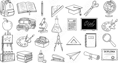 Hand-drawn Black and White Line Art Doodle Icons Set: A comprehensive collection of school supplies and education tools, perfect for learning concepts and back to school designs.
