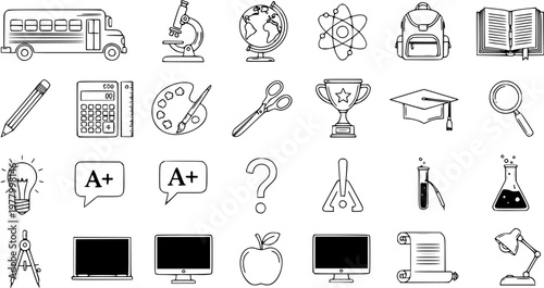 Back to School Line Art Vector: Education Icons for Teachers, Students, Classroom Decor