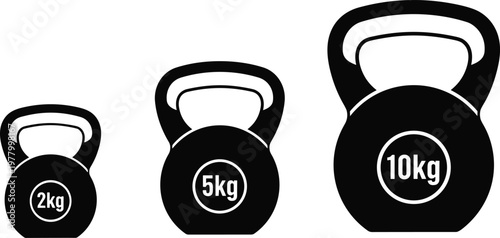 Detailed black and white flat vector illustration of three kettlebell weights in two, five, and ten kilogram sizes for fitness.