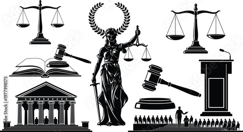 Comprehensive black and white flat vector illustration set of law and justice symbols including Lady Justice, scales, gavels, and courtroom elements.