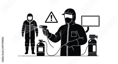 Two specialized workers wearing full protective hazmat suits conduct a thorough safety scan using a handheld device within a sterile and controlled industrial environment.