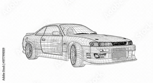 Detailed sketch of a modern sports car in black and white.