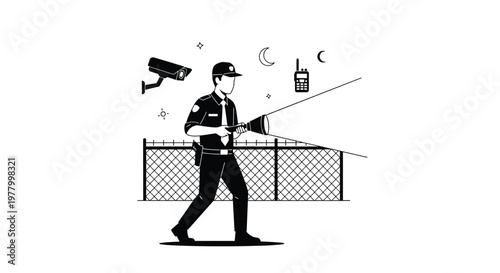 A professional security guard in a crisp uniform patrols a secure fenced area at night while shining a powerful flashlight beam into the darkness.