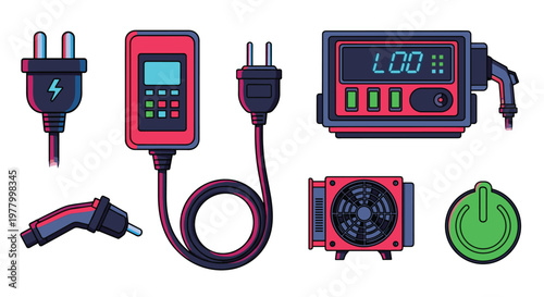 A vibrant collection of electrical testing equipment icons featuring a digital multimeter and various power connectors rendered in a modern pixelated graphic style.