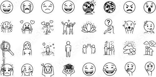 Diverse Emotions  Feelings Icon Set: Black  White Line Art Emoticons  Mental State Symbols for Web, UIUX Design