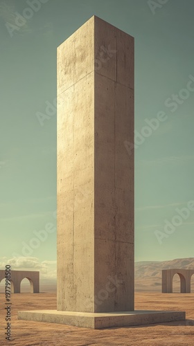 Vertical 3D monolith podium standing in a desert landscape under a soft sky. organic surrealism, metaphysical architecture, desert monument.