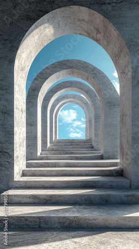 Vertical 3D podium at the end of a long hallway with blue sky arches. organic surrealism, metaphysical architecture, endless corridor.