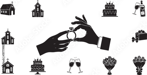 Wedding proposal and marriage icons in black and white design