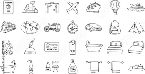 Travel and Tourism Icons: Black and White Line Art of Transportation, Accommodation, and Activities