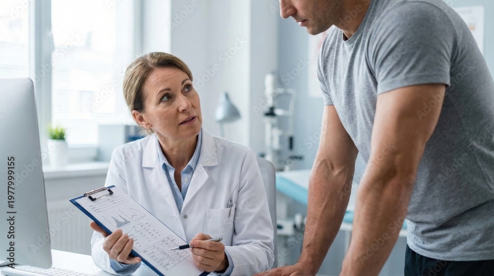 Obraz premium Doctor consulting man with athletic build in medical office. Physician showing health report to patient. Professional examination, sport medicine, injury recovery and wellness checkup concept.