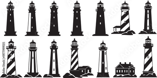 Collection of various lighthouse silhouettes in black and white
