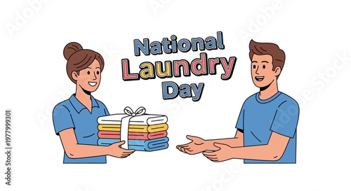 On National Laundry Day, a vector illustration shows a woman handing a stack of fresh, folded clothes tied with a bow to a smiling man, against a clean white background
