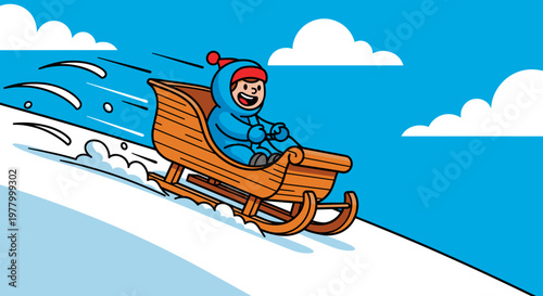 Child joyfully riding a wooden sleigh down a snowy hill, wearing a blue winter coat and hat, set against a bright blue sky with fluffy clouds, cartoon style