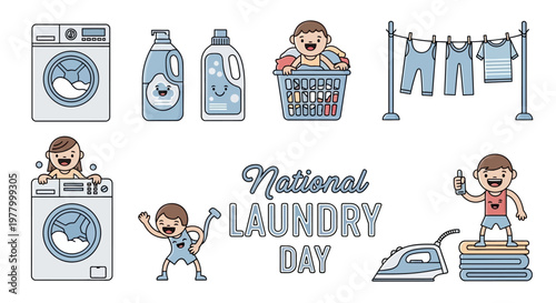 Vector illustrations for National Laundry Day showcase a playful cartoon style, featuring a washing machine, detergent bottles, clothesline with clean clothes, and happy characters enjoying