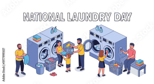 Isometric vector illustration depicting a family engaged in their home laundry activity on National Laundry Day, with a washing machine, laundry basket, and clean clothes against a crisp