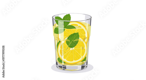 Refreshing detox drink with lemon slices and mint leaves in a clear glass, set against a clean white background