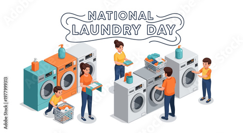 Isometric illustration for National Laundry Day featuring people doing household chores near washing machines, with detergent bottles in view, rendered in a clean, modern vector style