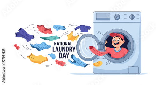 A cheerful cartoon boy pulls clothes from a washing machine on National Laundry Day, with colorful garments floating around in a vector illustration against a white backdrop, promoting