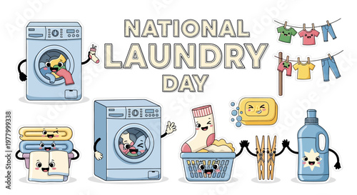 Against a white background, a playful vector illustration displays elements for National Laundry Day, featuring a washing machine, detergent, and clothesline with pastel colors