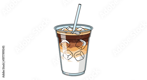 Illustration of a refreshing iced latte in a clear plastic cup with a straw, showcasing layers of coffee and milk with ice cubes, on a white background