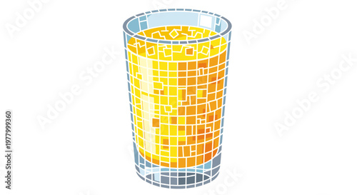 Illustration of a glass filled with vibrant pineapple juice featuring a geometric mosaic pattern on a white background