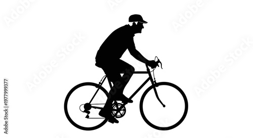 Silhouette of an elderly man riding a bicycle, wearing a cap, on a white background, showcasing dynamic motion and simplicity in design