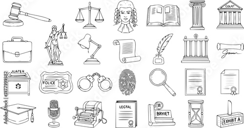 Black and White Line Art Icons of Legal and Justice Symbols: Gavel, Scales of Justice, Lady Justice, Courtroom, Law Book, Handcuffs, Fingerprint, Magnifying Glass, Law Degree, Typewriter, Microphone