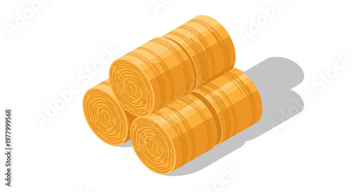 Illustration of neatly stacked hay bales casting shadows on a white background, showcasing agricultural themes in simple geometric shapes