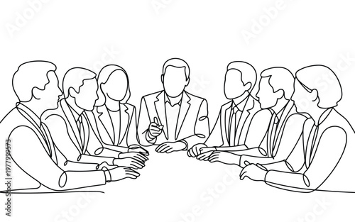 Business professionals gather around a boardroom table for a serious discussion in continuous line art