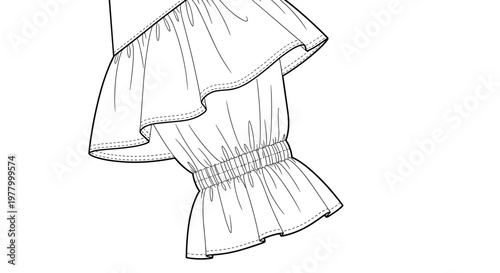 Detailed illustration of a ruffle blouse sleeve design, showcasing layered fabric with elastic bands on a white background, sleeves