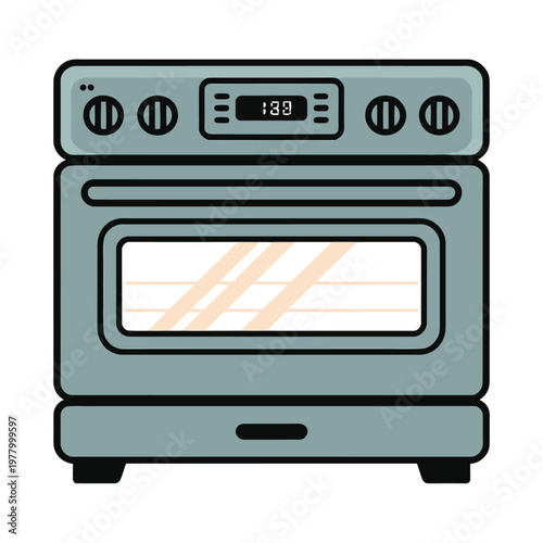 Oven appliance features a digital clock display for modern kitchen meal cooking.