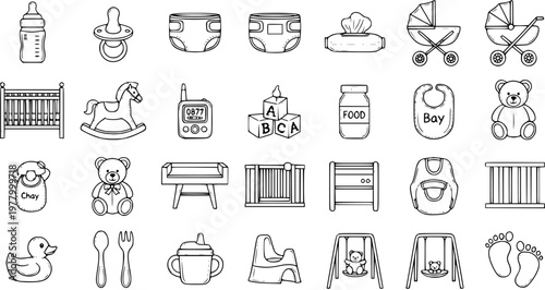 Baby Items Line Art: Bottle, Pacifier, Diaper, Rocking Horse, Toy Blocks, Stroller - Baby Care Vector Set