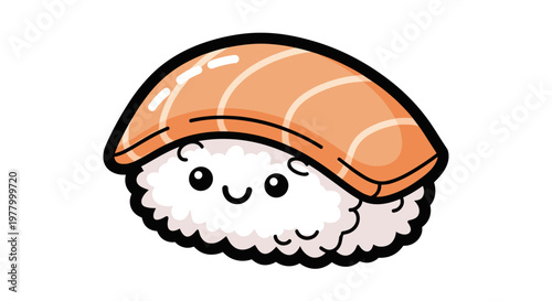 Cute cartoon sushi nigiri closeup illustration with smiling face and vibrant salmon topping, showcasing playful design and bold outlines on white background