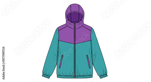 Vibrant teal and purple windbreaker jacket with hood, isolated on white background, featuring front zipper and pockets