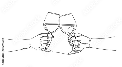 Minimalistic line drawing of a couple holding wine glasses in a celebratory toast, with a simple white background