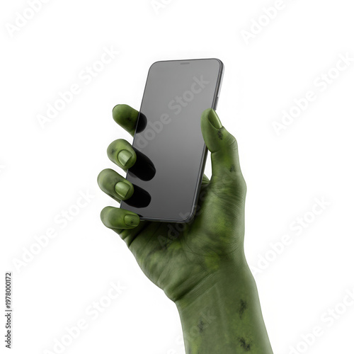 Green Monster Hand Holding a Modern Smartphone - Isolated on White Background - Creative Concept for Technology and Fantasy Transparent Background