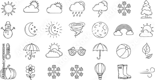 Black and White Hand Drawn Doodle Line Art Weather and Seasons Icon Set, featuring Climate, Nature, and Meteorological Symbols and Elements.