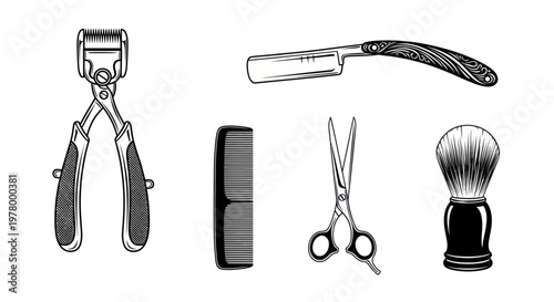 Vintage Barbershop Tools: Clippers, Comb, Razor, Scissors, Shaving Brush