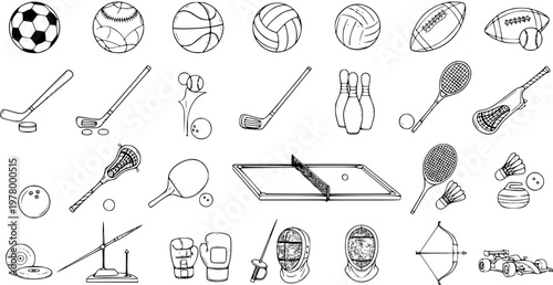 Sports Equipment Line Art: Balls, Racquets, Gear - Vector Icon Set