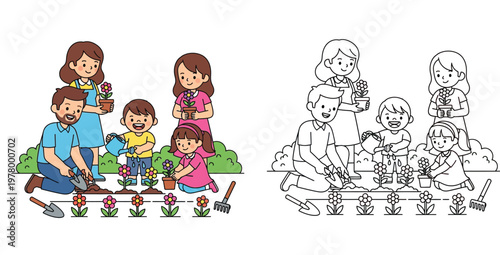 Happy family gardening together and planting flowers coloring book page illustration for kids with colored version and line art