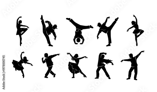 Black dance silhouette icon collection featuring ballet hip hop salsa and freestyle dancing vector symbols
