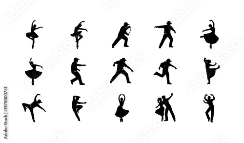 Dance icon set with ballet hip hop salsa and dancing silhouette symbols in minimal black vector style