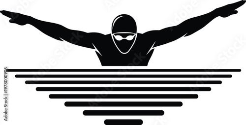 Black and white flat vector illustration of a professional swimmer performing the butterfly stroke with stylized water ripple effects.
