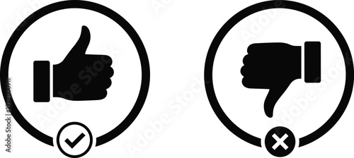 Black and white flat vector illustration of thumbs up and thumbs down icons with checkmark and cross symbols for feedback.
