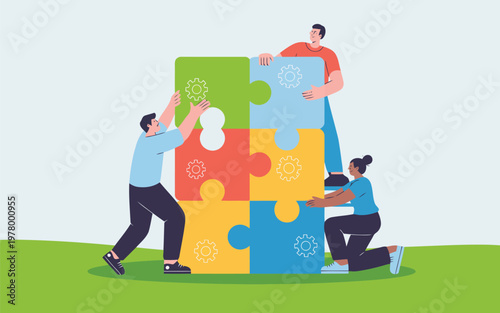 Dedicated team of three individuals diligently works together to construct a large puzzle