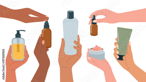 Different hands with diverse skin tones holding various beauty and skincare product bottles and tubes
