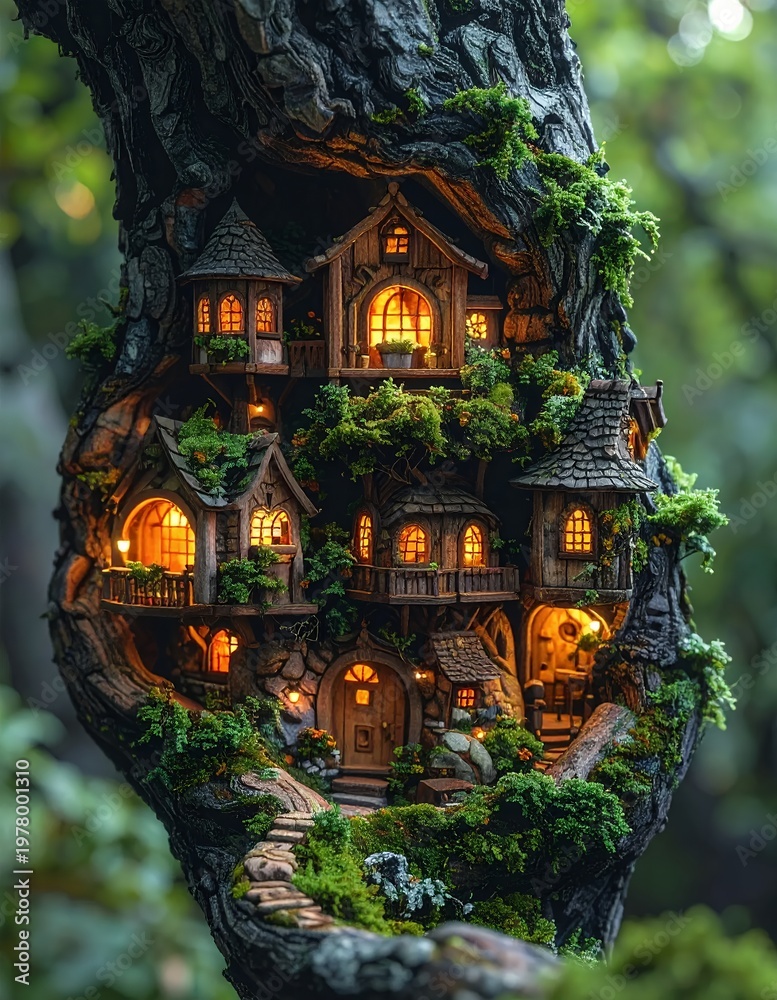 Fototapeta premium Enchanted Miniature Tree House with Glowing Windows in a Lush Forest Setting.