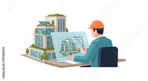 Architect working on green building design with sustainable features illustration wearing hard hat and creating blueprint for eco-friendly construction
