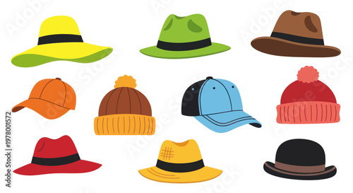 Variety of Hats Collection: Fedoras, Beanies, Caps, Sun Hats in Bright Colors